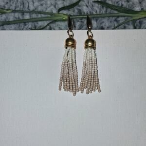 Bohemian Beige Beaded Gold Tassel Earring Set Handmade